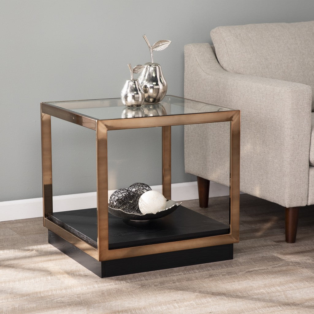22" Champagne Glass And Iron Square Block End Table With Shelf-End-Side Tables-DECOROLALA