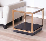 22" Champagne Glass And Iron Square Block End Table With Shelf-End-Side Tables-DECOROLALA