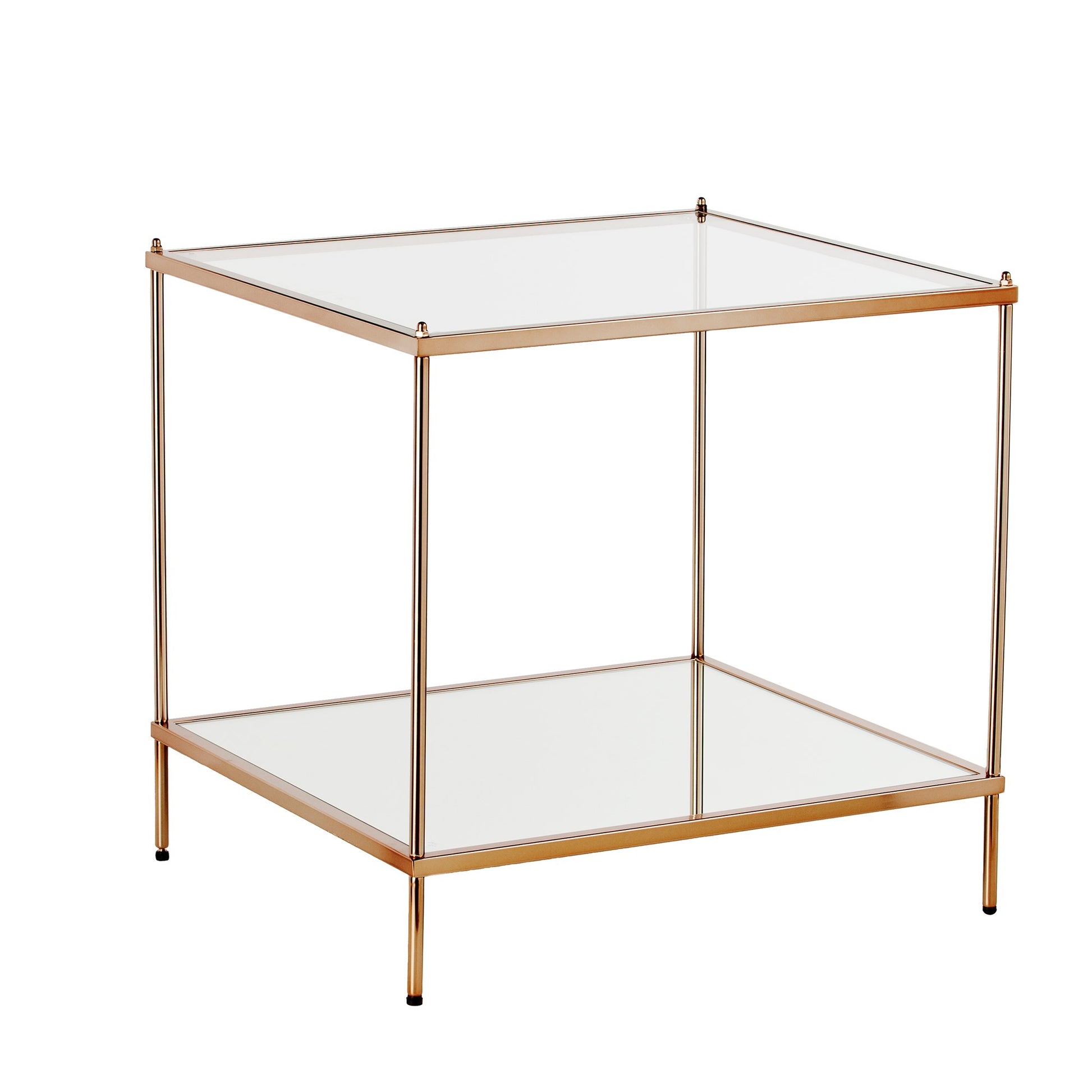 22" Clear And Gold Glass And Iron Square End Table With Shelf-End-Side Tables-DECOROLALA