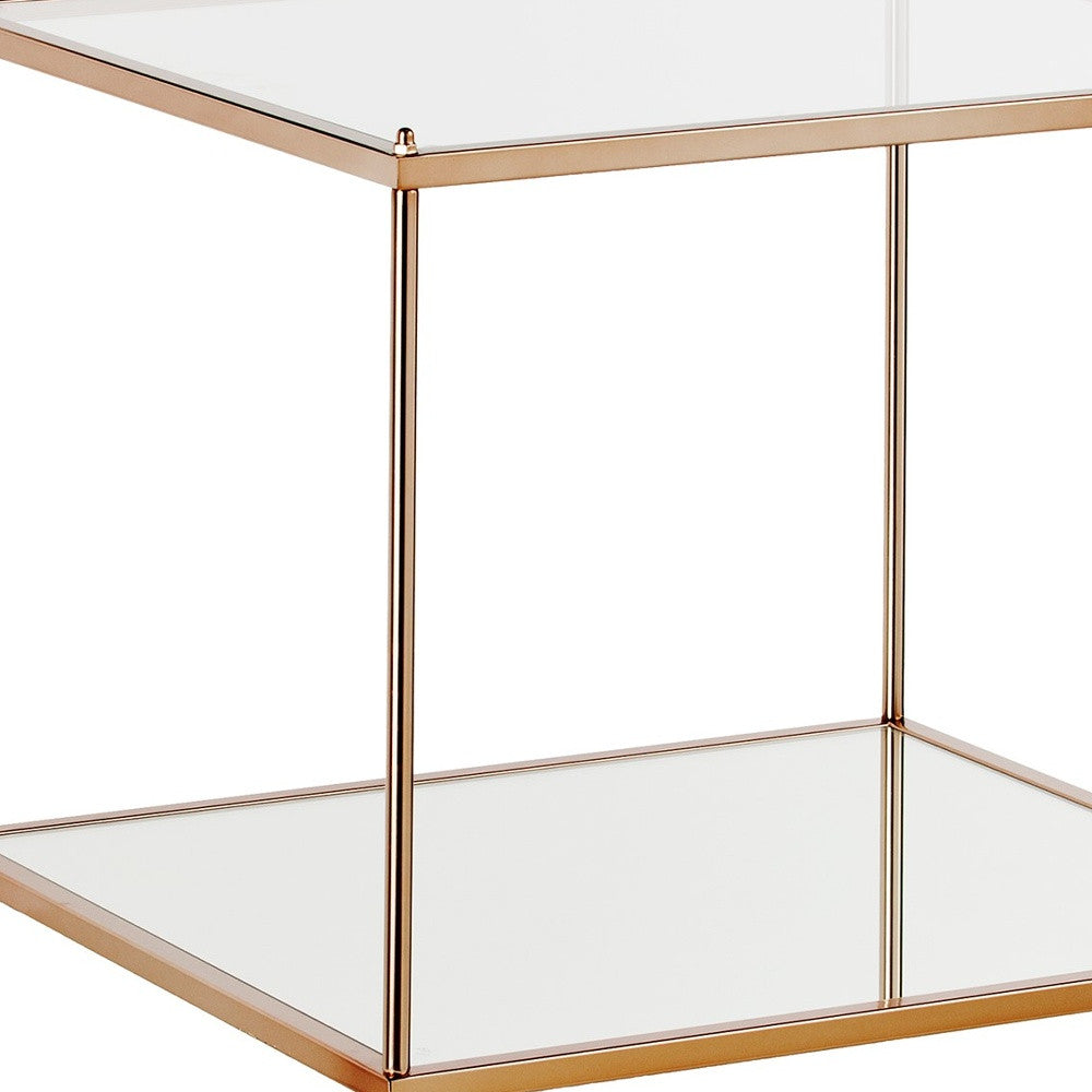 22" Clear And Gold Glass And Iron Square End Table With Shelf-End-Side Tables-DECOROLALA