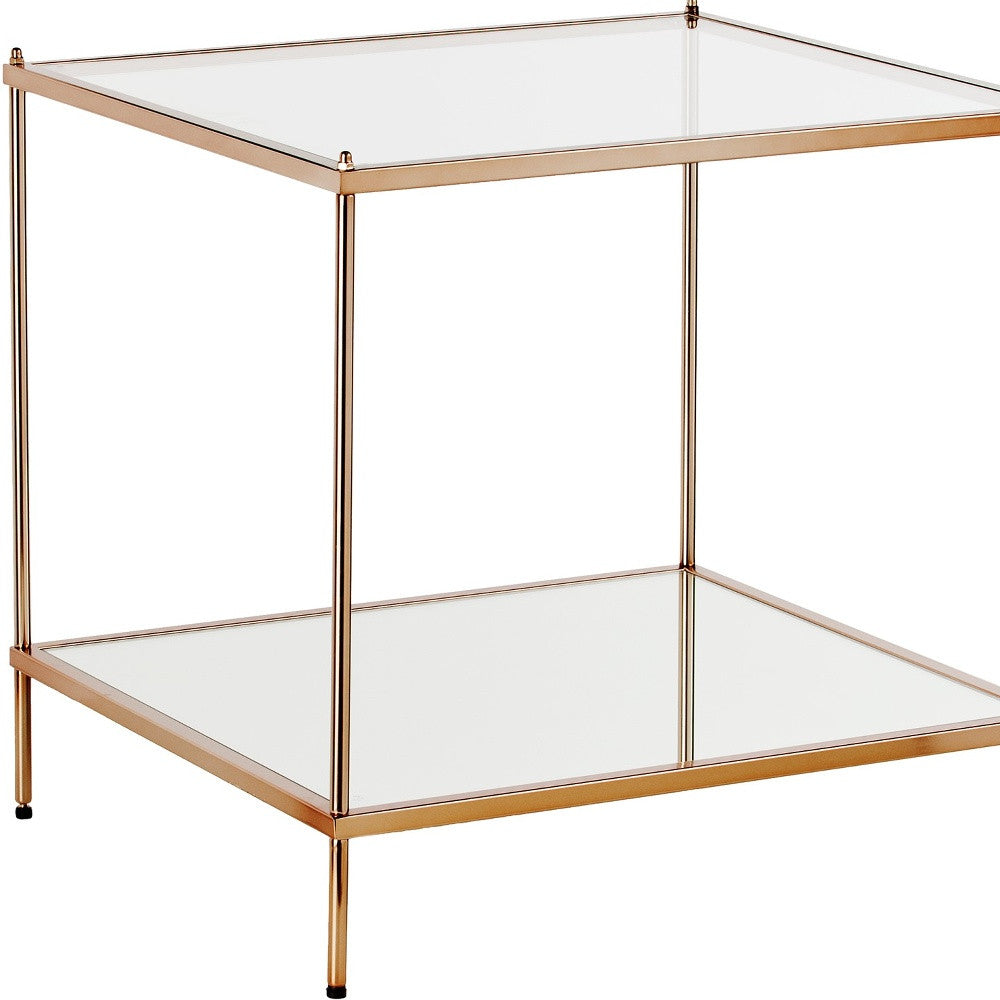 22" Clear And Gold Glass And Iron Square End Table With Shelf-End-Side Tables-DECOROLALA
