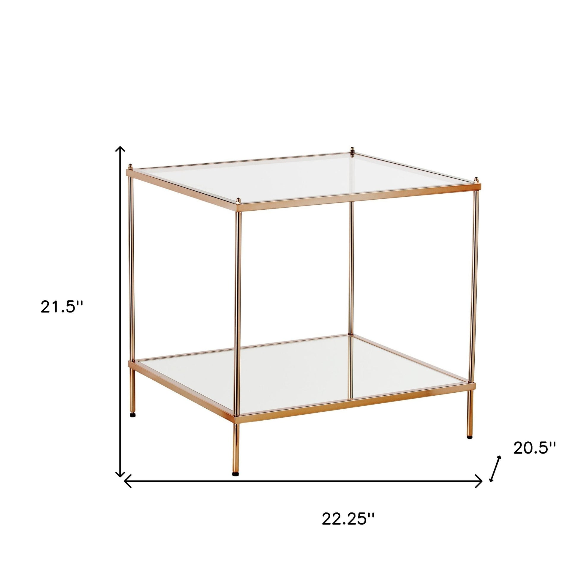22" Clear And Gold Glass And Iron Square End Table With Shelf-End-Side Tables-DECOROLALA