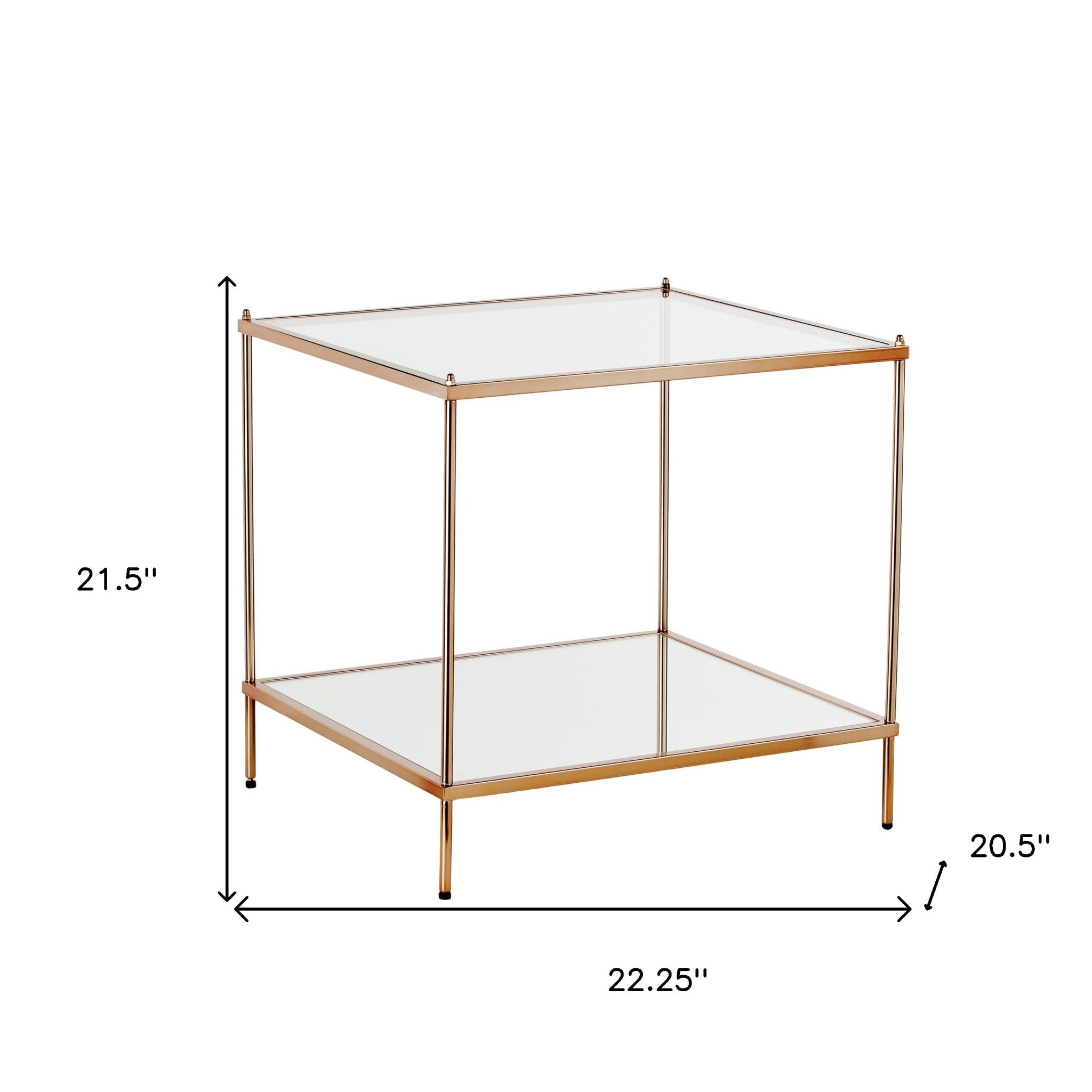 22" Clear And Gold Glass And Iron Square End Table With Shelf-End-Side Tables-DECOROLALA