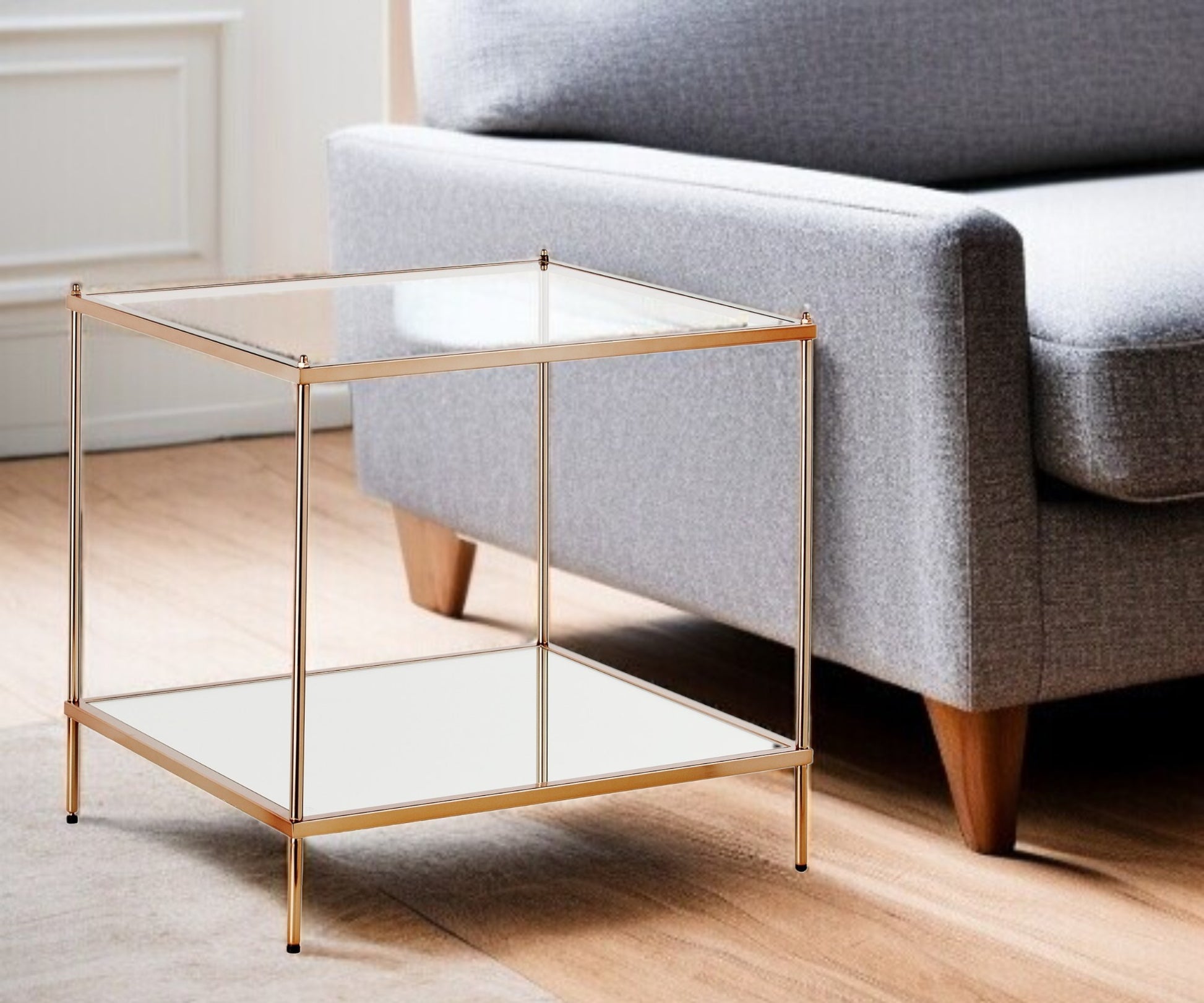 22" Clear And Gold Glass And Iron Square End Table With Shelf-End-Side Tables-DECOROLALA