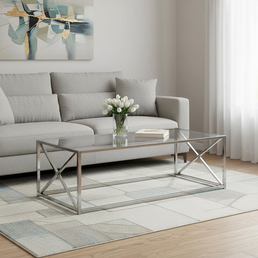 22" Clear And Silver Glass And Iron Coffee Table-Coffee Tables-DECOROLALA