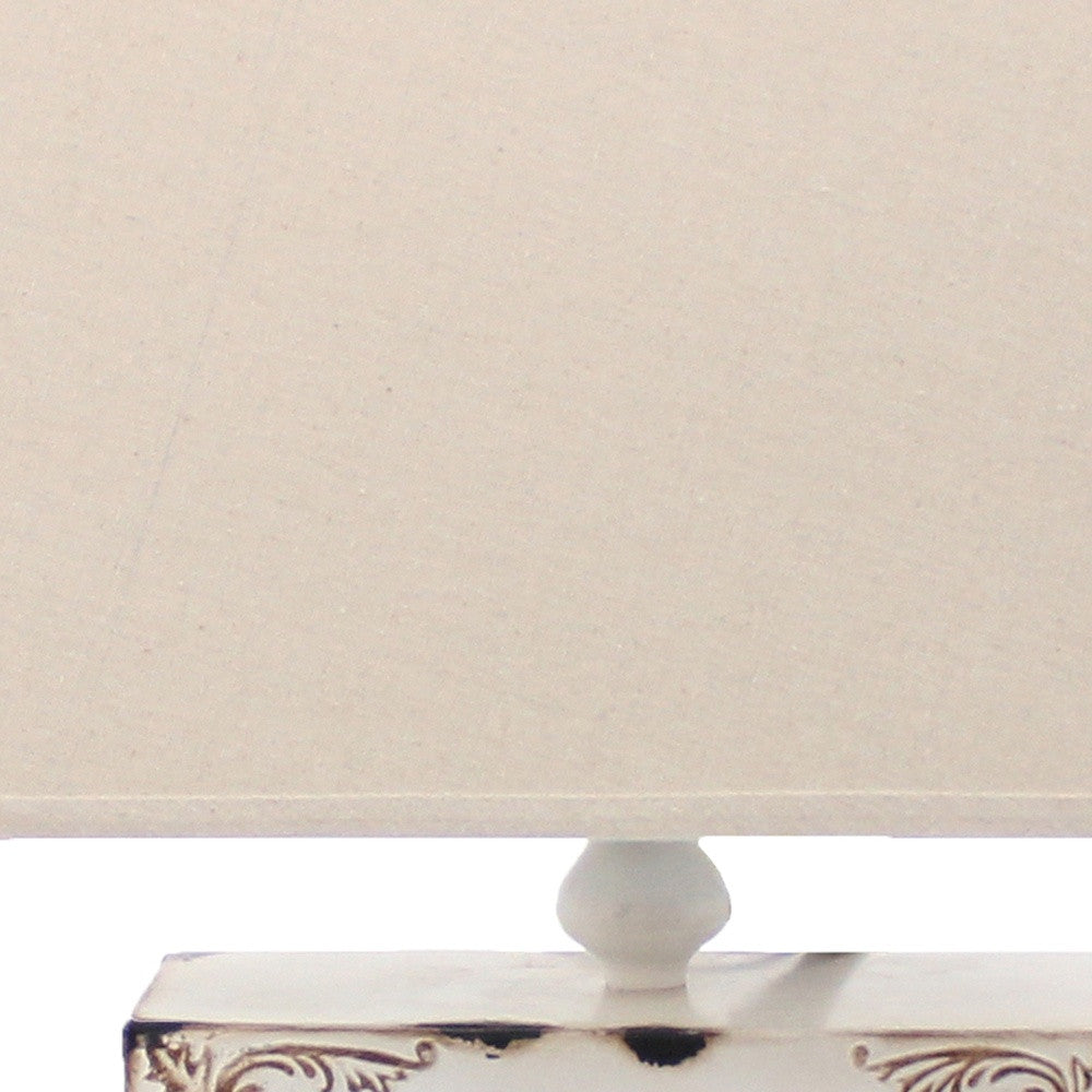 22" Distressed Red Metal Bedside Lamp With Beige Shade-Table Lamps-DECOROLALA