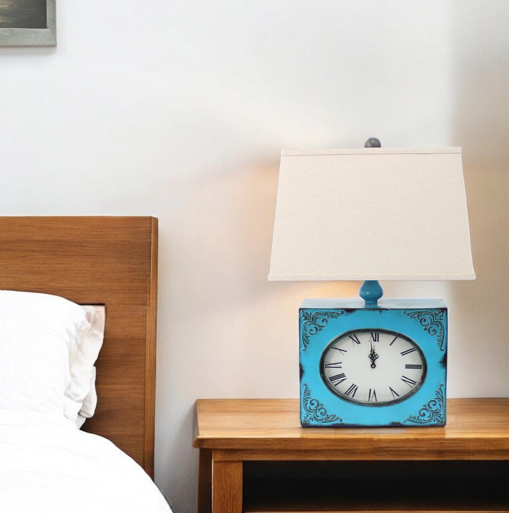 22" Distressed Red Metal Bedside Lamp With Beige Shade-Table Lamps-DECOROLALA