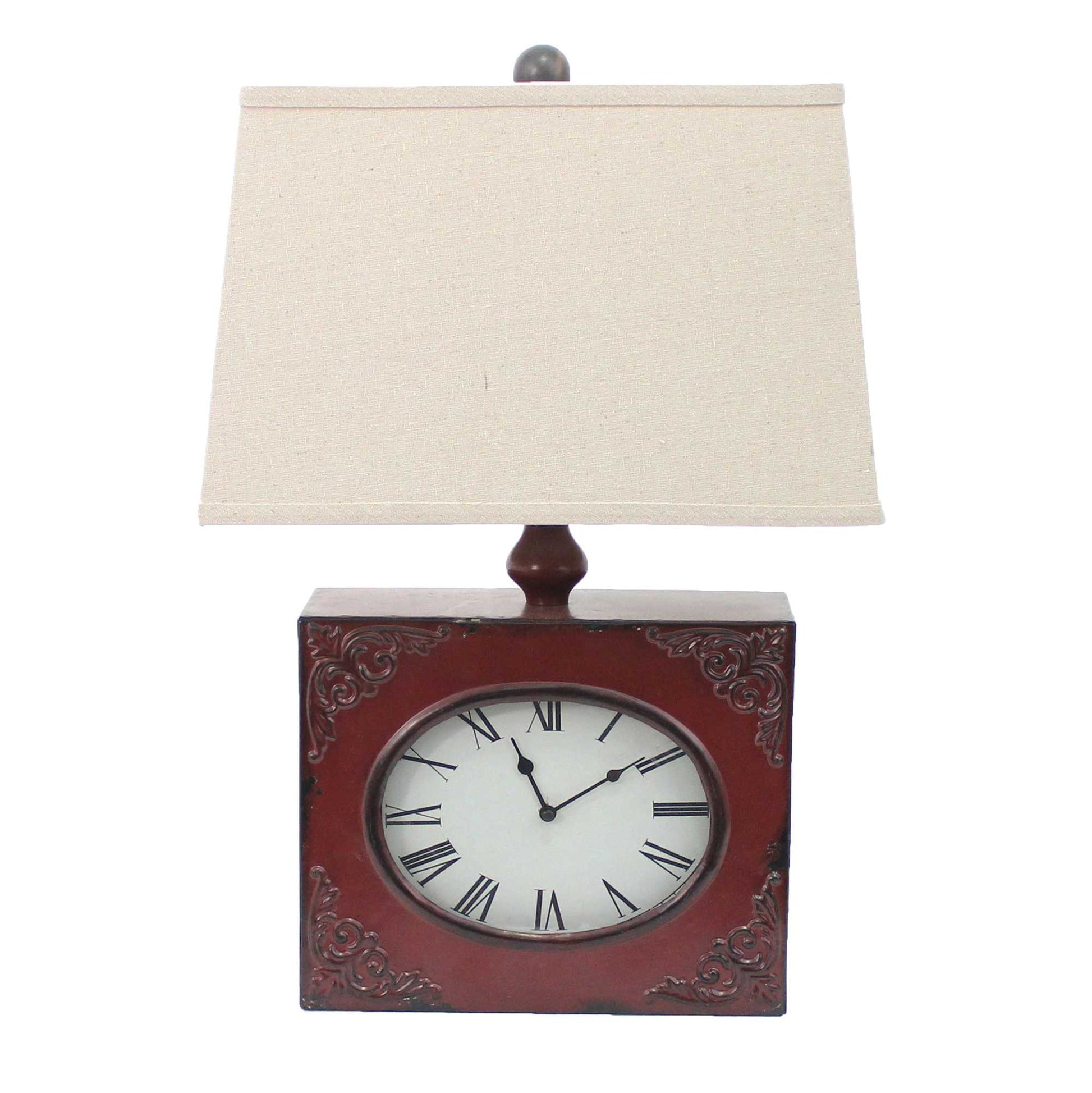 22" Distressed Red Metal Bedside Lamp With Beige Shade-Table Lamps-DECOROLALA