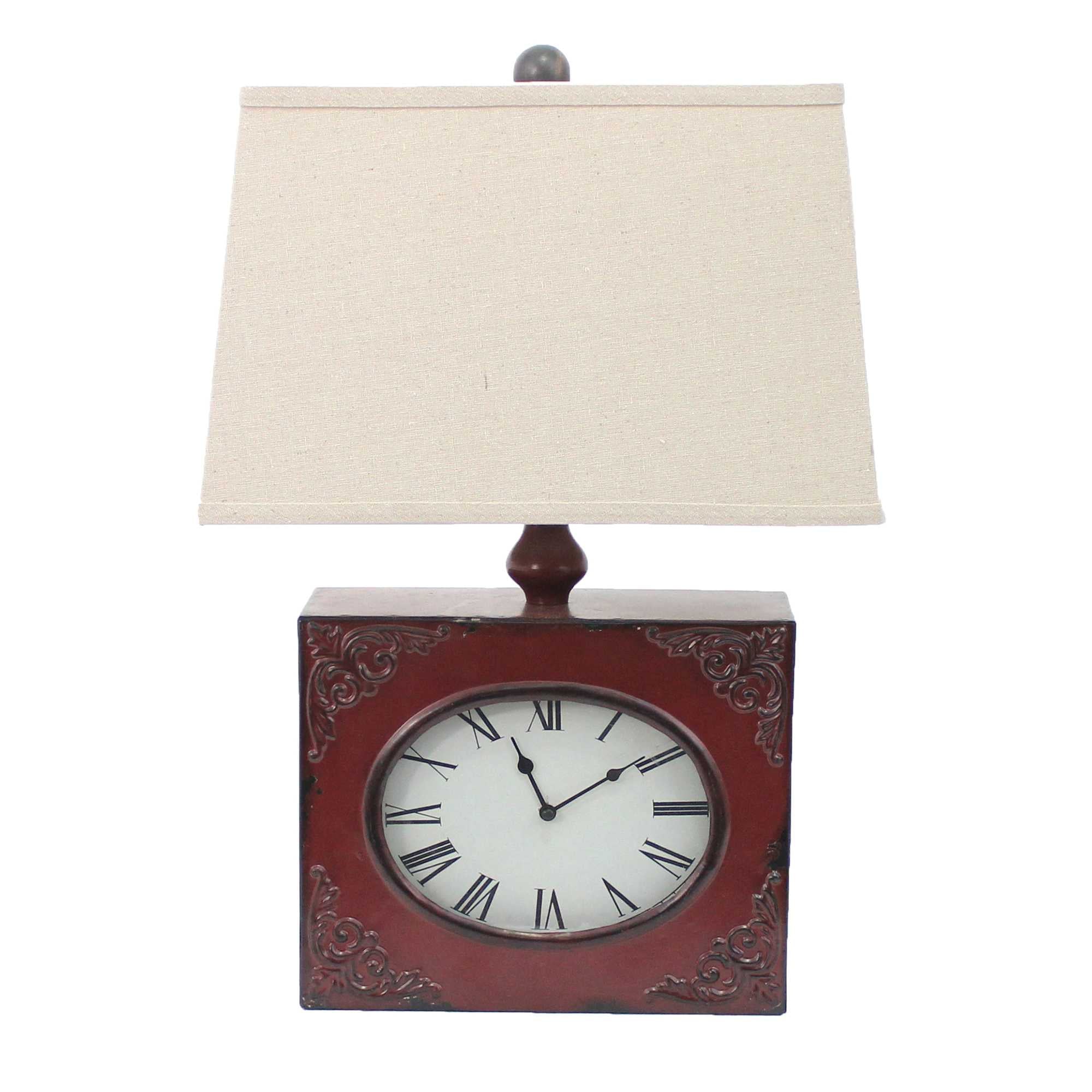 22" Distressed Red Metal Bedside Lamp With Beige Shade-Table Lamps-DECOROLALA