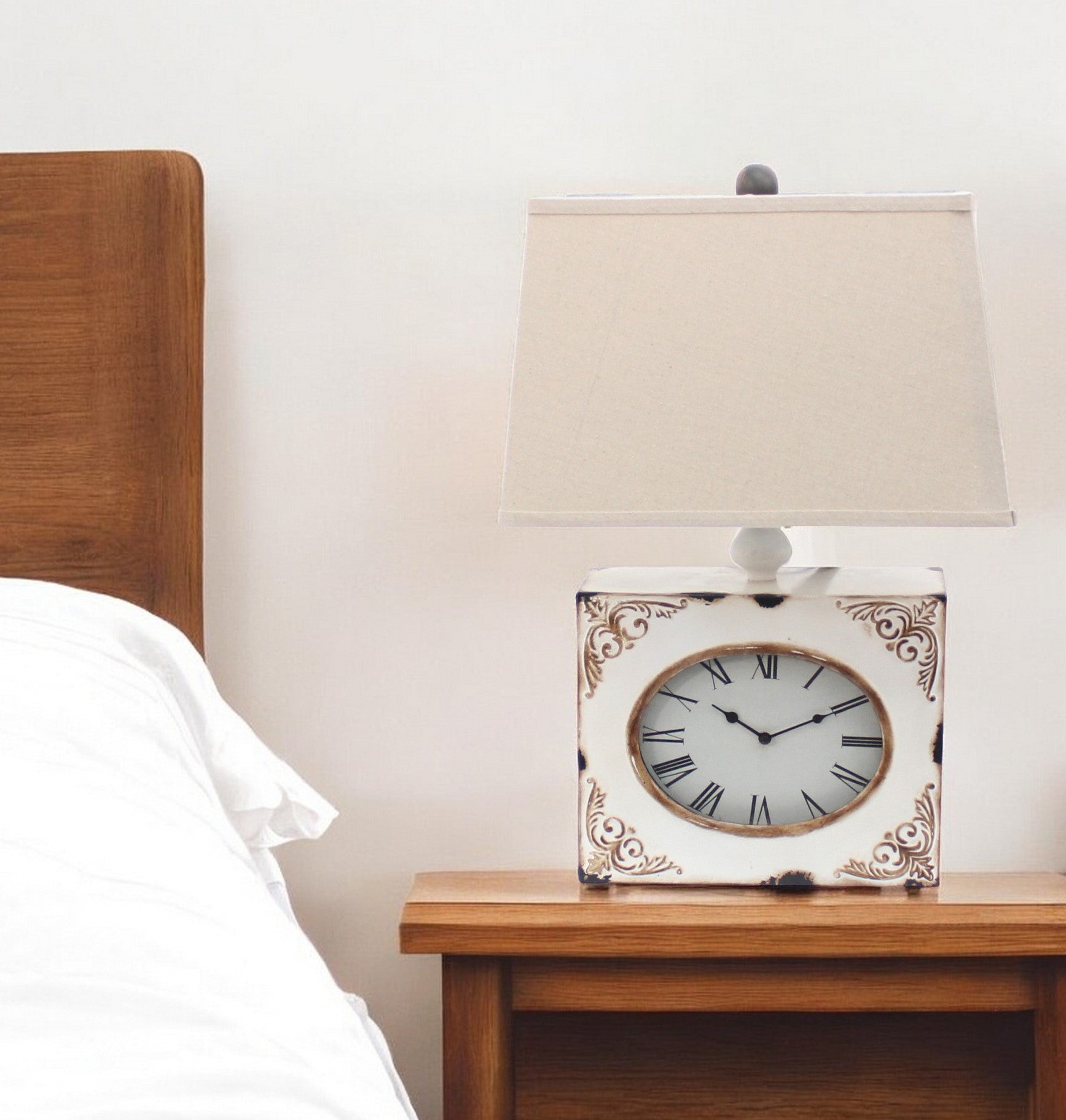 22" Distressed Red Metal Bedside Lamp With Beige Shade-Table Lamps-DECOROLALA