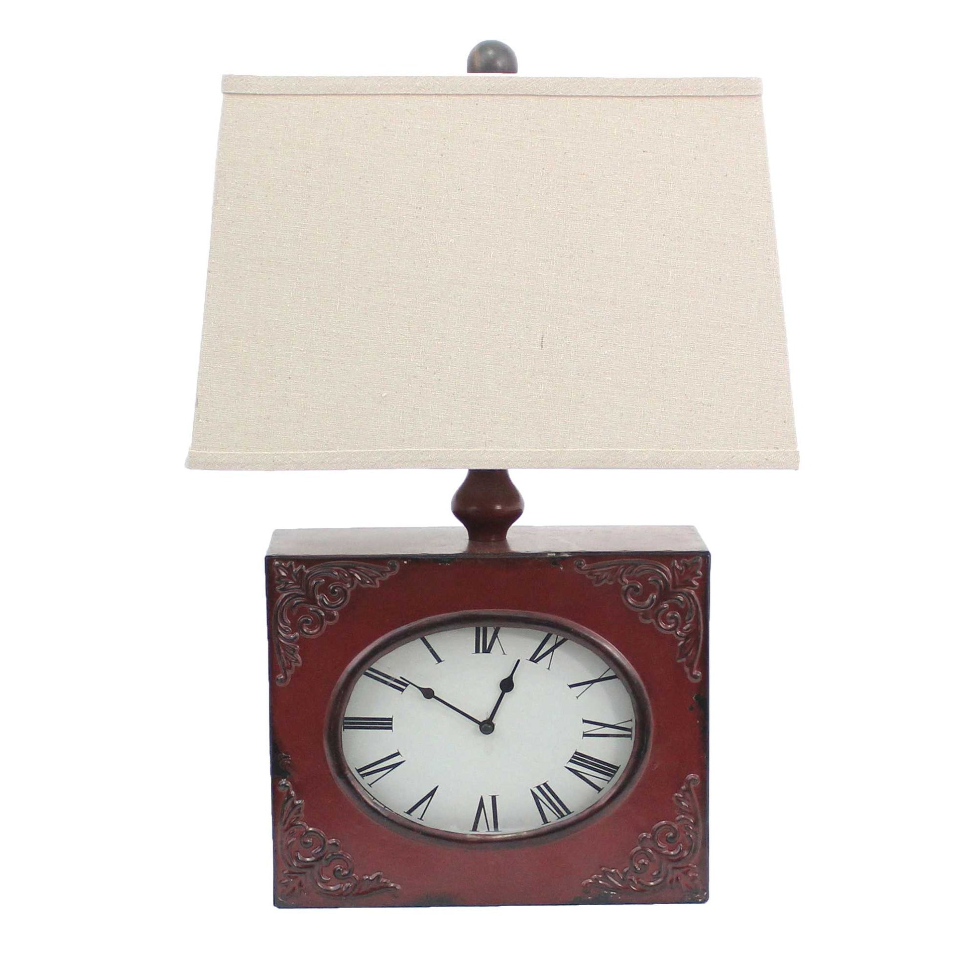 22" Distressed Red Metal Bedside Lamp With Beige Shade-Table Lamps-DECOROLALA