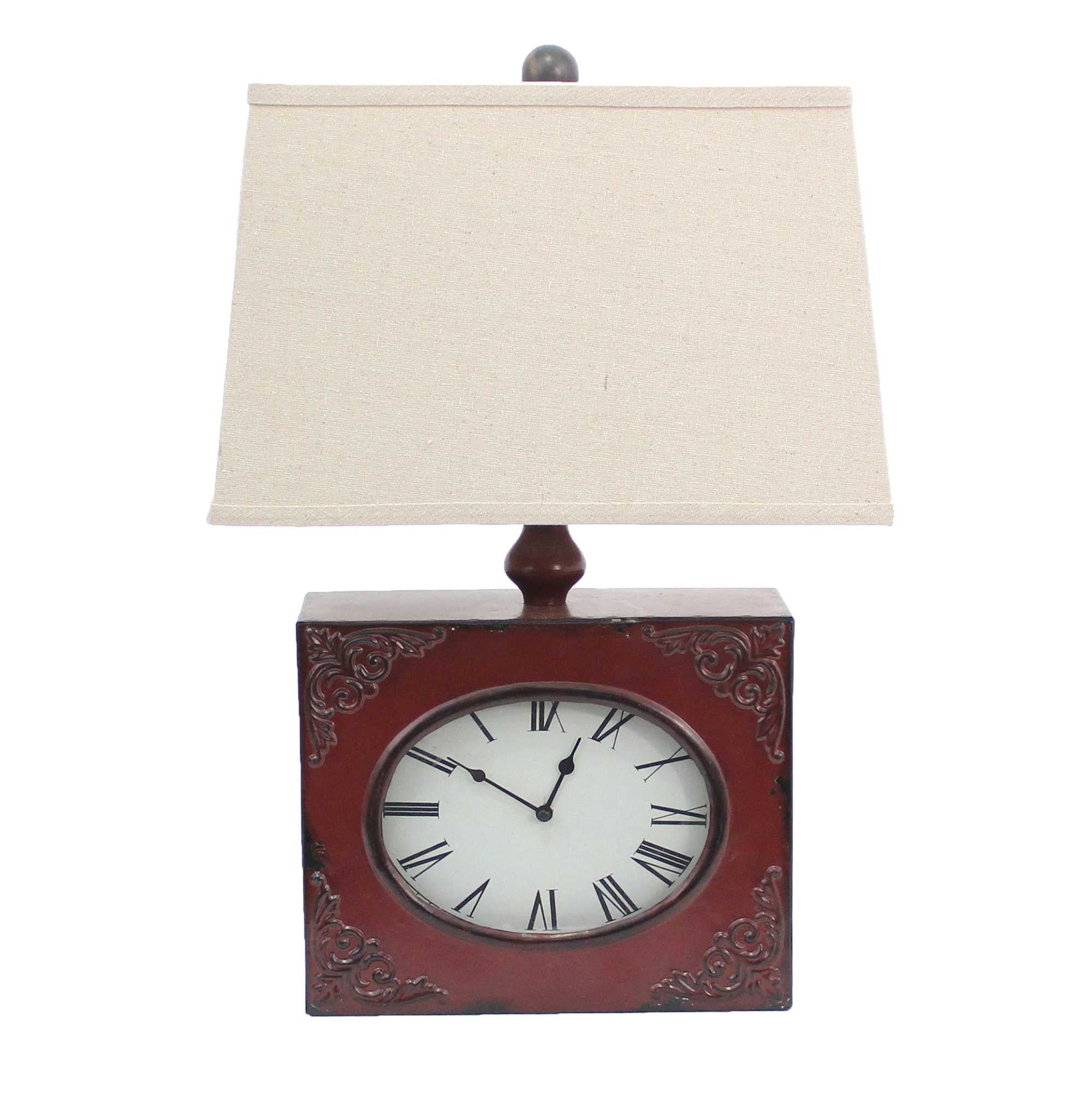 22" Distressed Red Metal Bedside Lamp With Beige Shade-Table Lamps-DECOROLALA