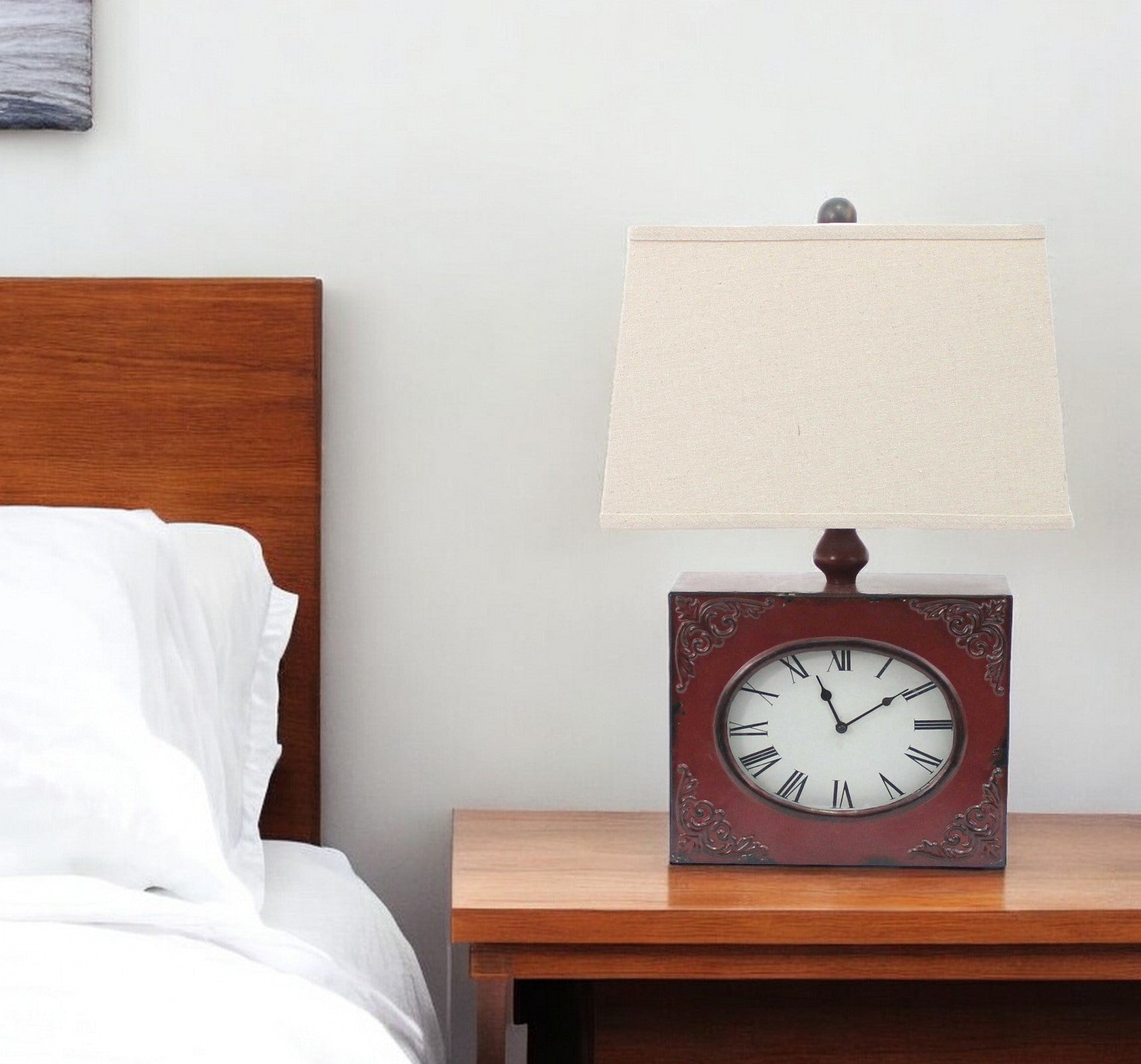 22" Distressed Red Metal Bedside Lamp With Beige Shade-Table Lamps-DECOROLALA