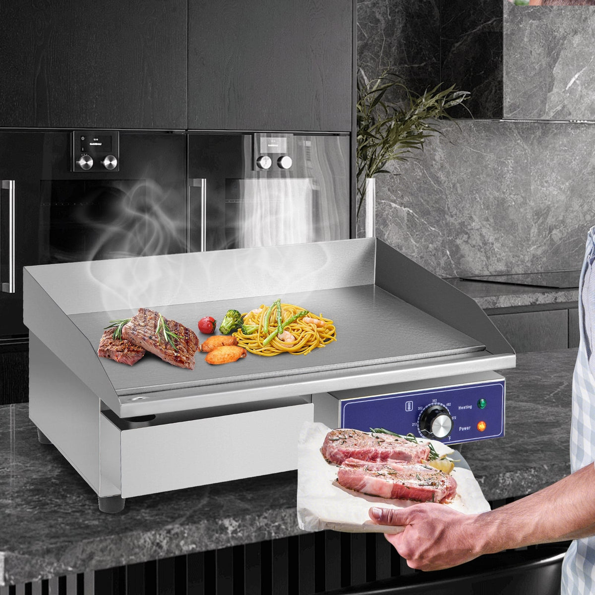 22 Inch Countertop Electric Griddle 2000W 110V Commercial Stainless Steel Grill-Silver-Food Warmers & Burners-DECOROLALA