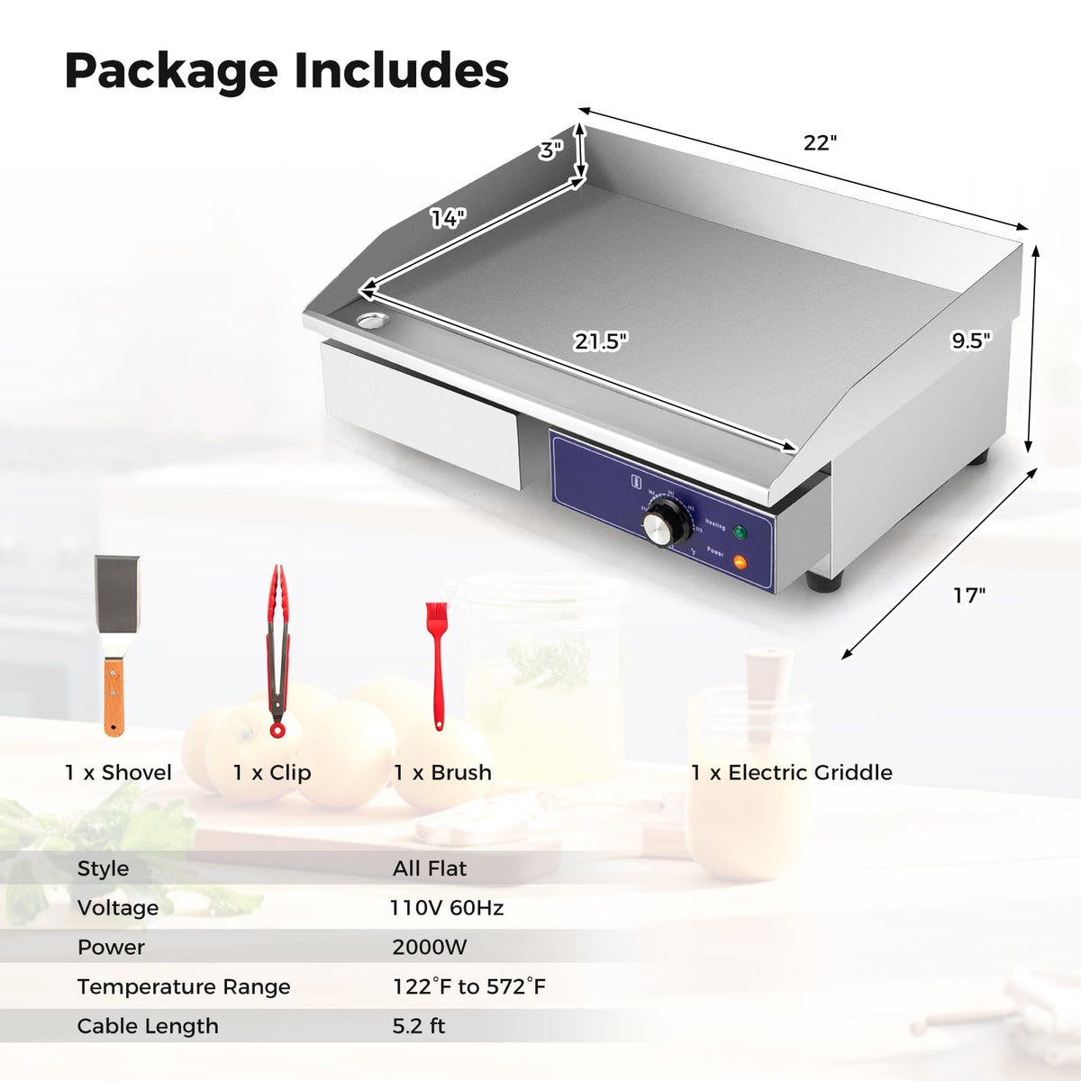 22 Inch Countertop Electric Griddle 2000W 110V Commercial Stainless Steel Grill-Silver-Food Warmers & Burners-DECOROLALA