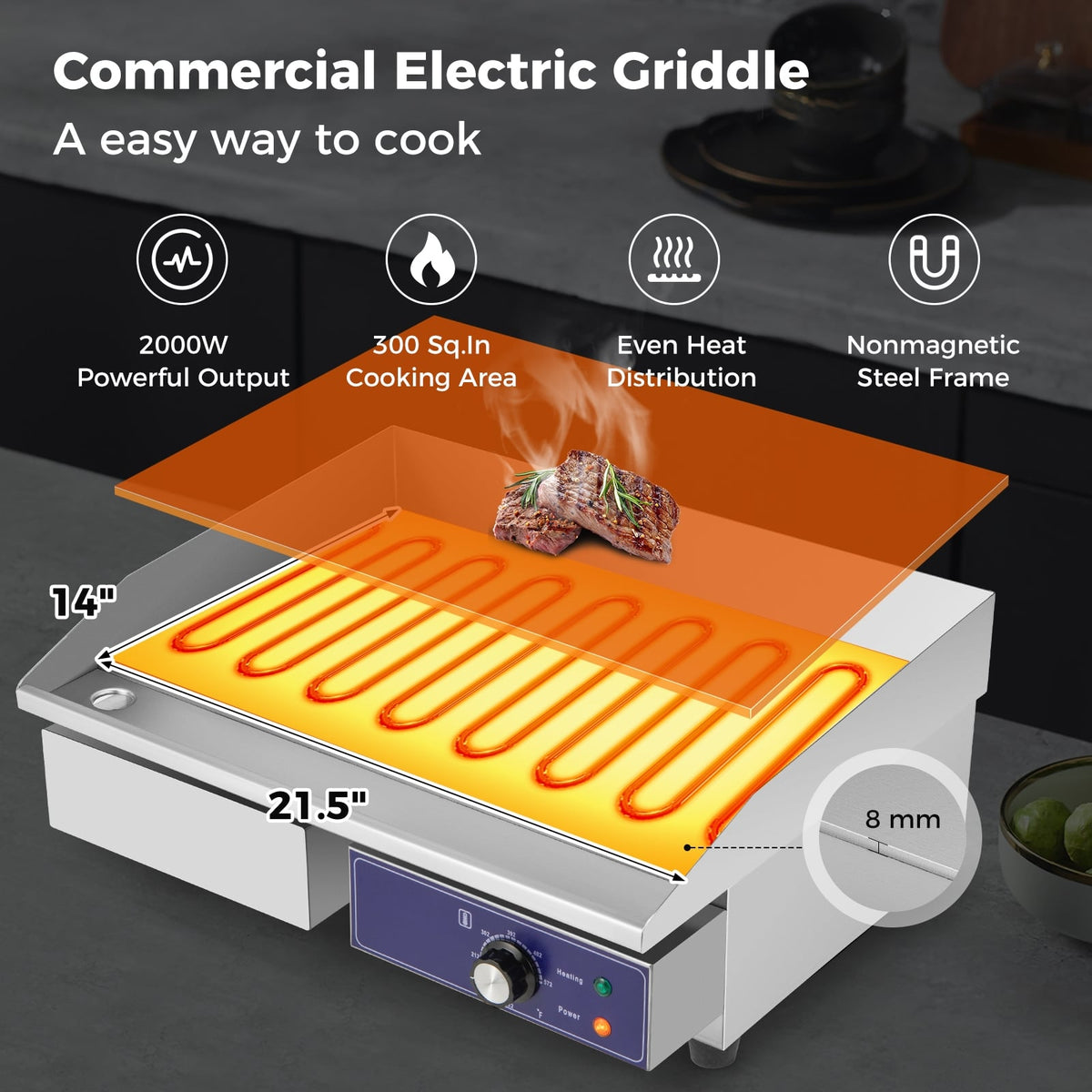 22 Inch Countertop Electric Griddle 2000W 110V Commercial Stainless Steel Grill-Silver-Food Warmers & Burners-DECOROLALA