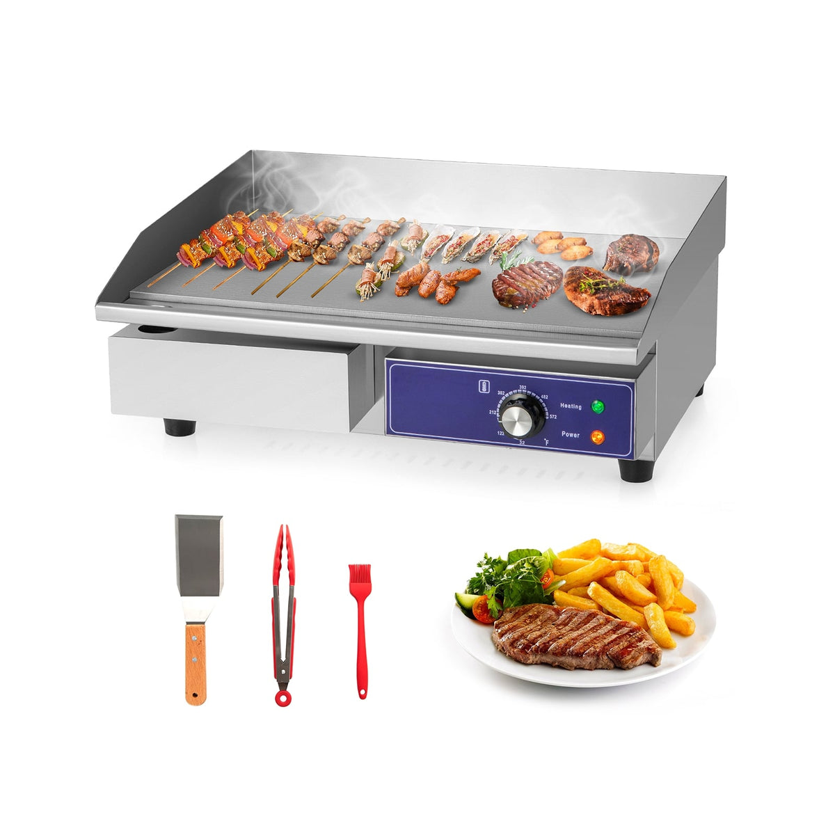 22 Inch Countertop Electric Griddle 2000W 110V Commercial Stainless Steel Grill-Silver-Food Warmers & Burners-DECOROLALA