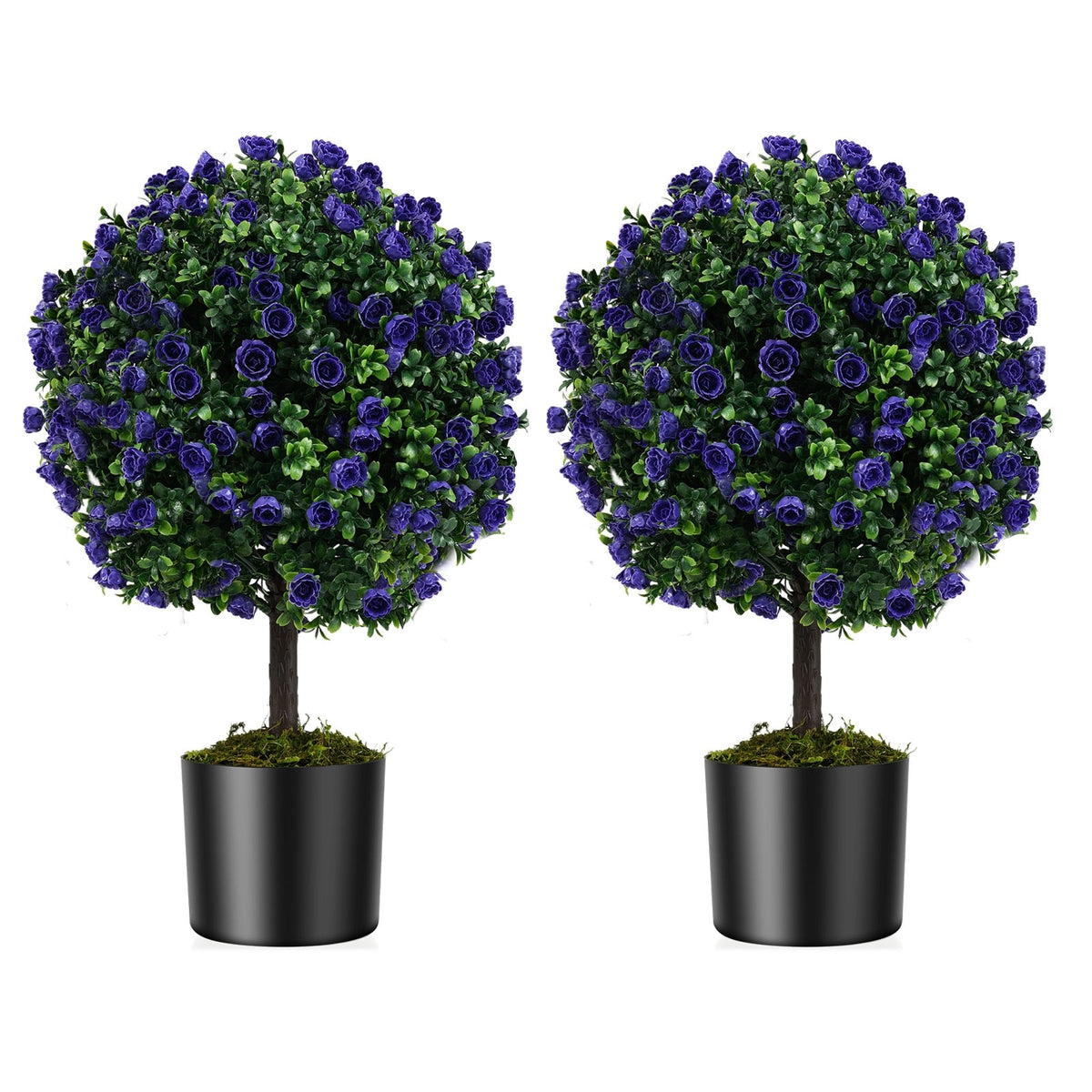 22 Inch Set of 2 Artificial Purple Rose Topiary Ball Trees with Cement-Filled Pot-Purple-Artificial Plants-DECOROLALA