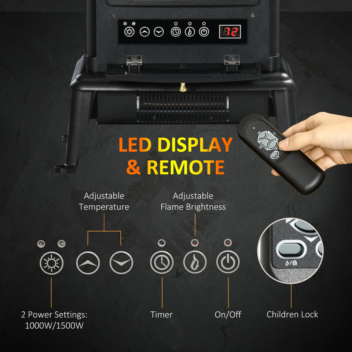 22" Infrared Electric Fireplace Stove - 1500W Black-Electric Fireplaces-DECOROLALA
