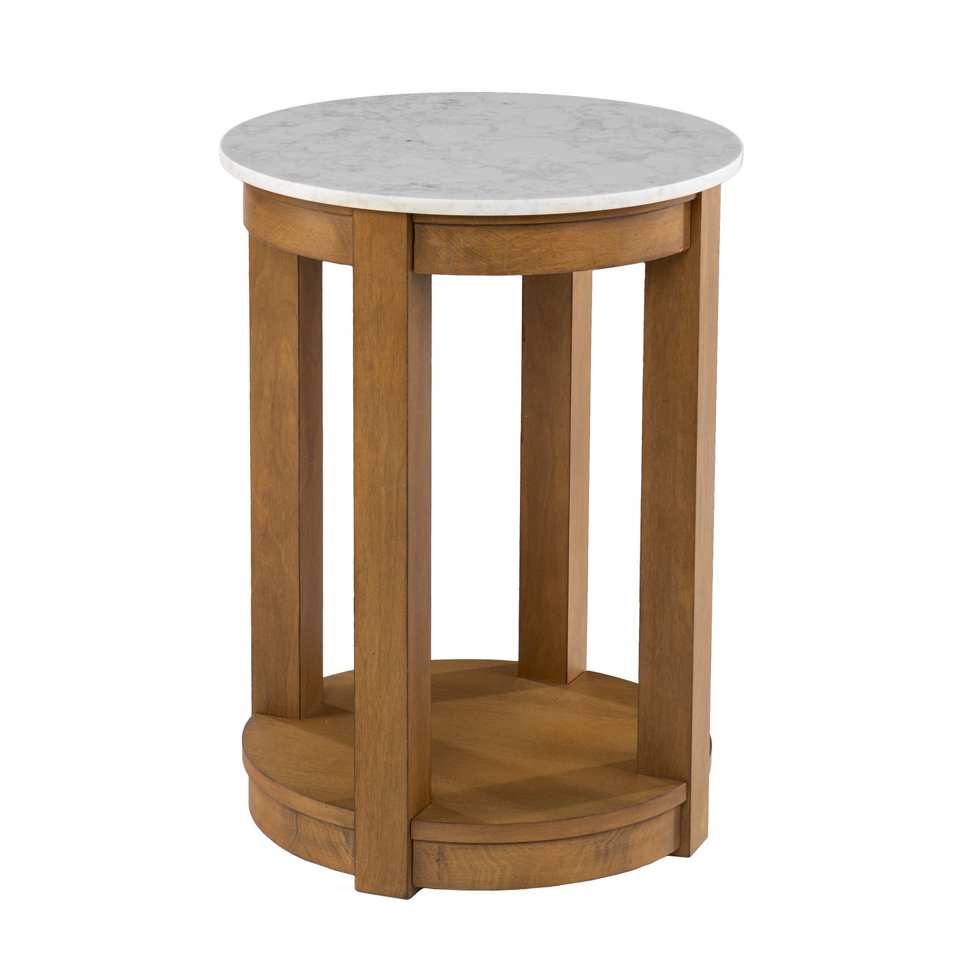 22" Natural Wood And White Faux Marble Manufactured Wood Round End Table With Shelf-End-Side Tables-DECOROLALA