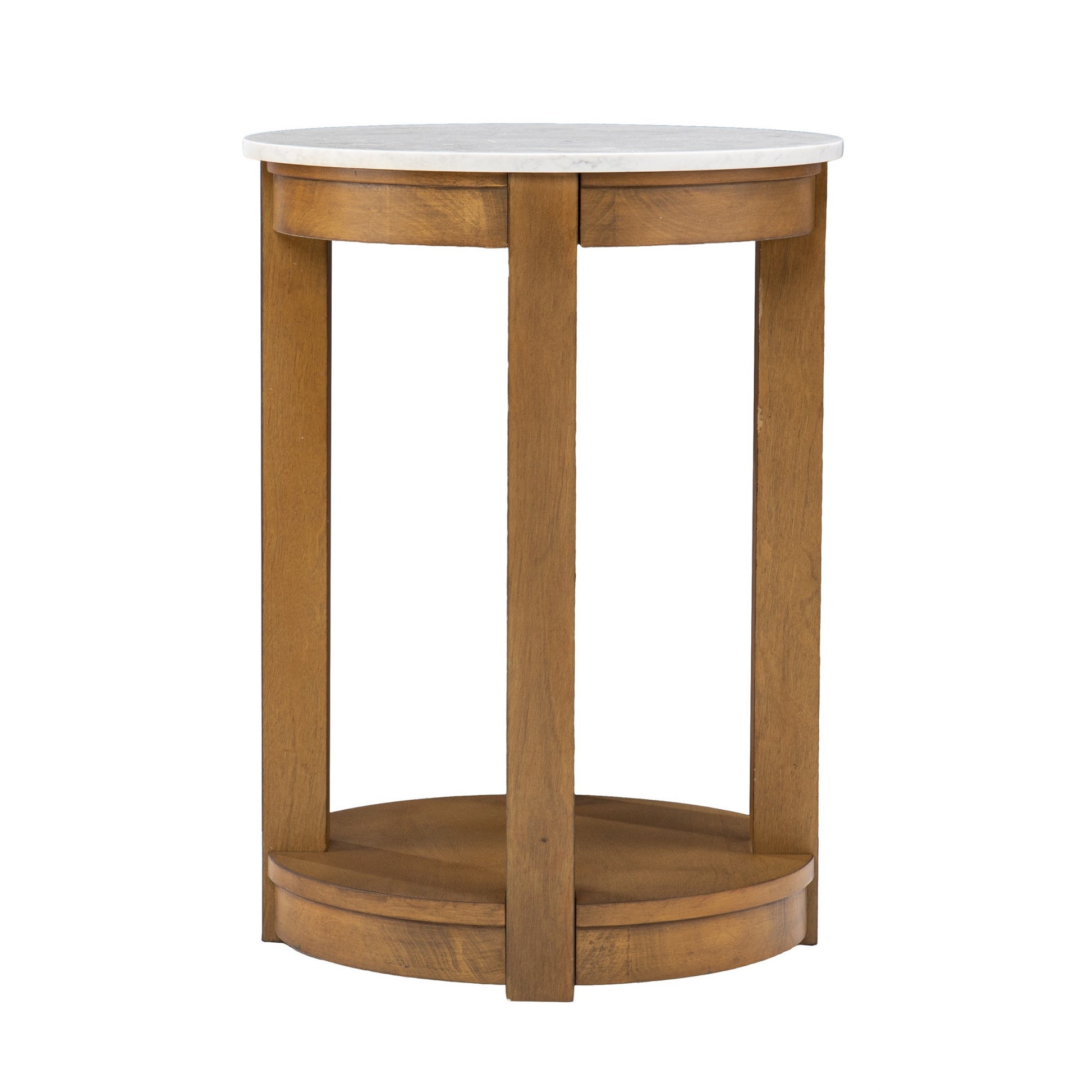 22" Natural Wood And White Faux Marble Manufactured Wood Round End Table With Shelf-End-Side Tables-DECOROLALA