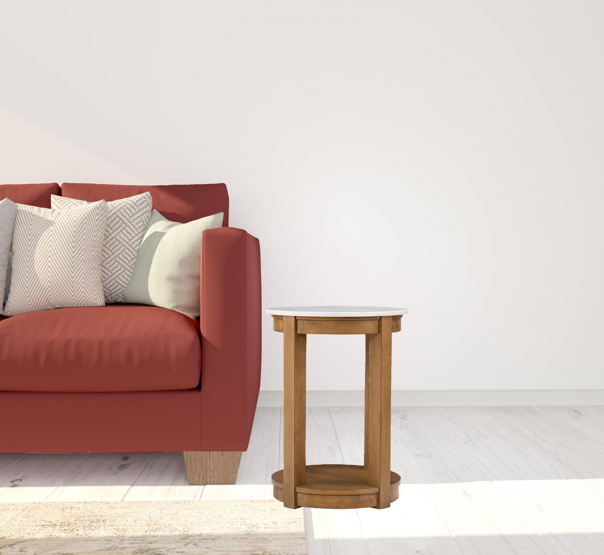 22" Natural Wood And White Faux Marble Manufactured Wood Round End Table With Shelf-End-Side Tables-DECOROLALA