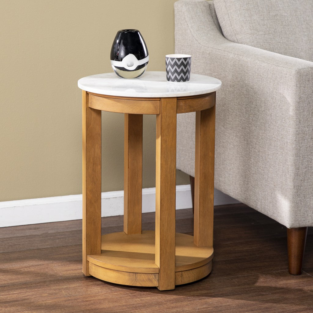 22" Natural Wood And White Faux Marble Manufactured Wood Round End Table With Shelf-End-Side Tables-DECOROLALA
