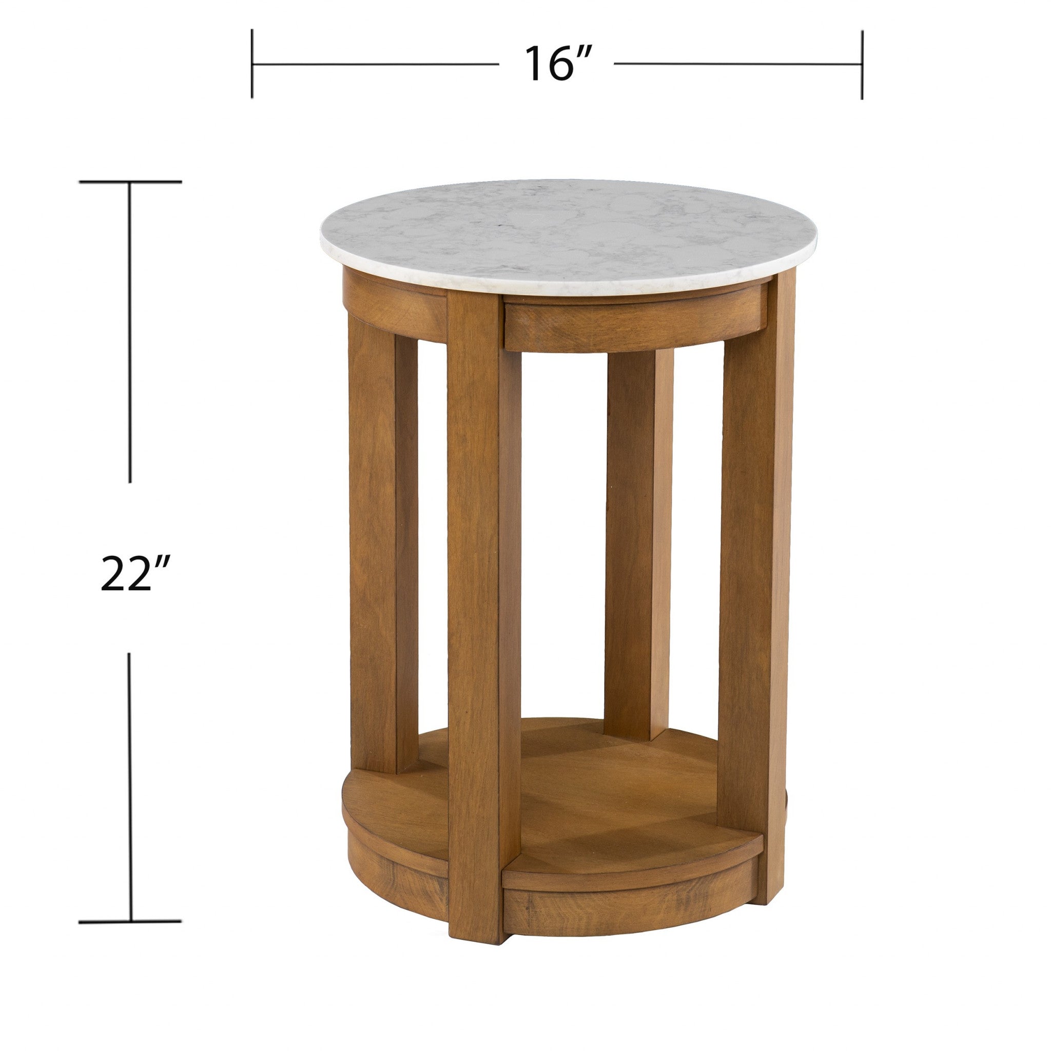 22" Natural Wood And White Faux Marble Manufactured Wood Round End Table With Shelf-End-Side Tables-DECOROLALA