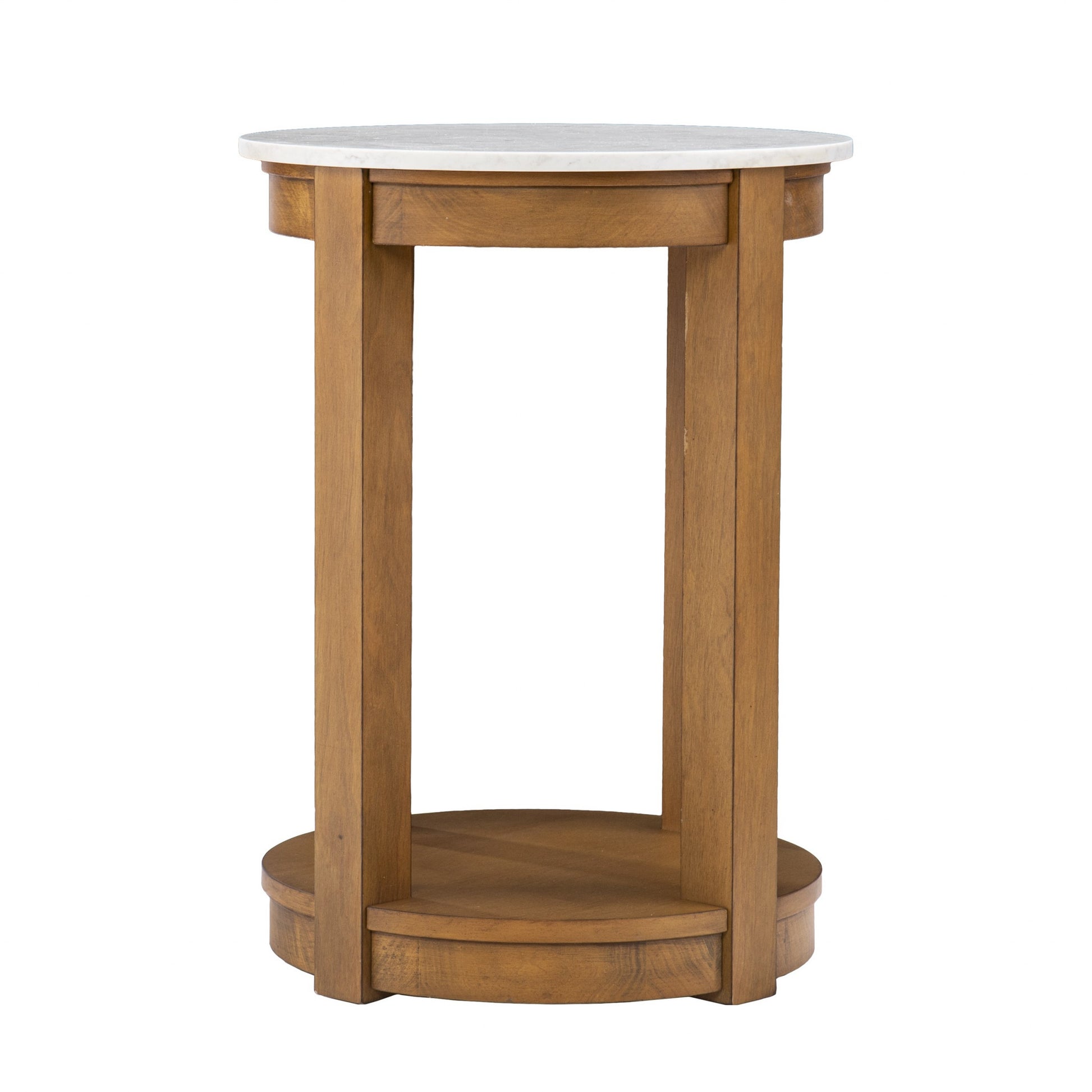 22" Natural Wood And White Faux Marble Manufactured Wood Round End Table With Shelf-End-Side Tables-DECOROLALA
