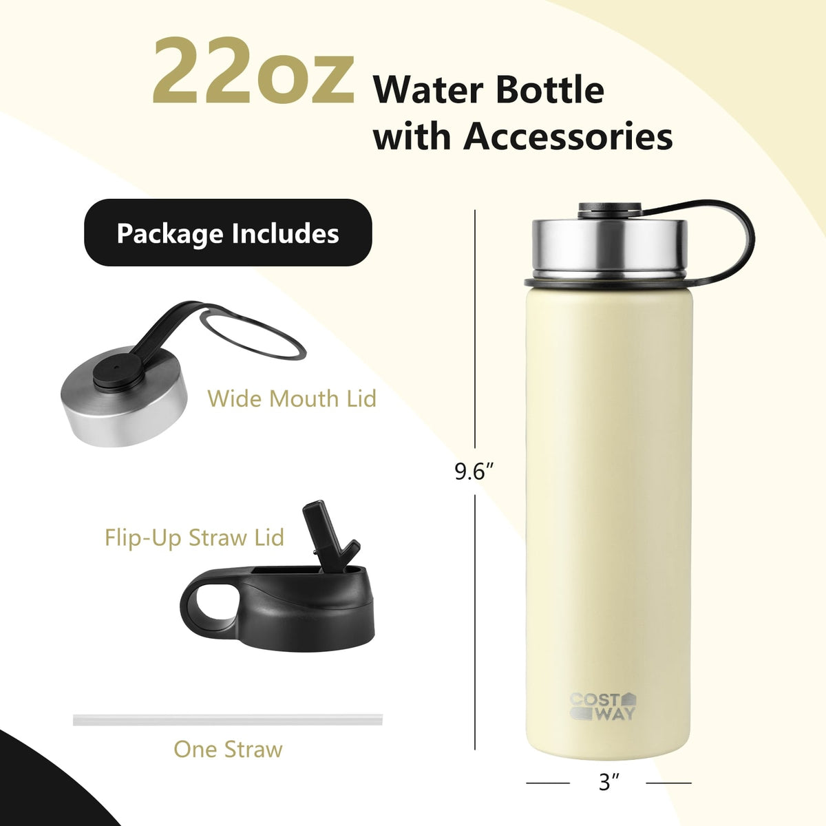22 Oz Double-walled Insulated Stainless Steel Water Bottle with 2 Lids and Straw-Beige-Kitchen Utensils-DECOROLALA