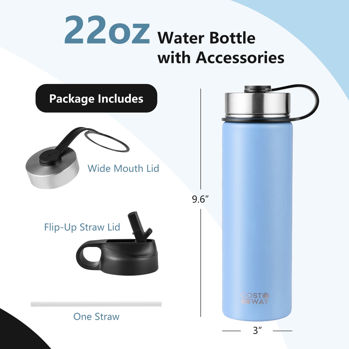 22 Oz Double-walled Insulated Stainless Steel Water Bottle with 2 Lids and Straw-Blue-Kitchen Utensils-DECOROLALA