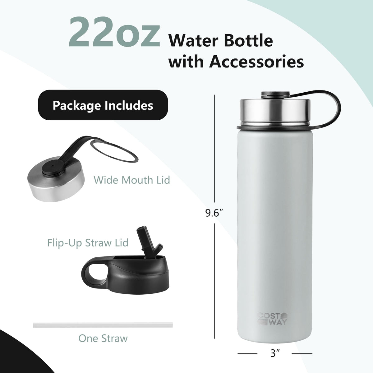 22 Oz Double-walled Insulated Stainless Steel Water Bottle with 2 Lids and Straw-Gray-Kitchen Utensils-DECOROLALA