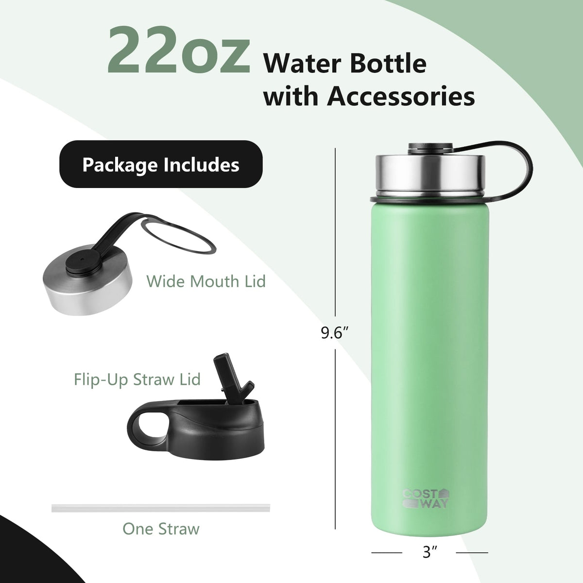22 Oz Double-walled Insulated Stainless Steel Water Bottle with 2 Lids and Straw-Green-Kitchen Utensils-DECOROLALA