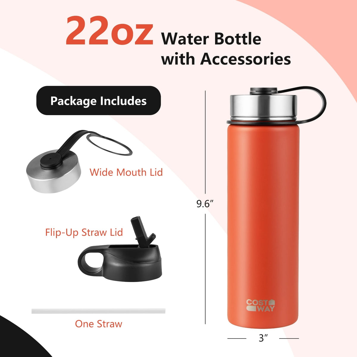 22 Oz Double-walled Insulated Stainless Steel Water Bottle with 2 Lids and Straw-Orange-Kitchen Utensils-DECOROLALA