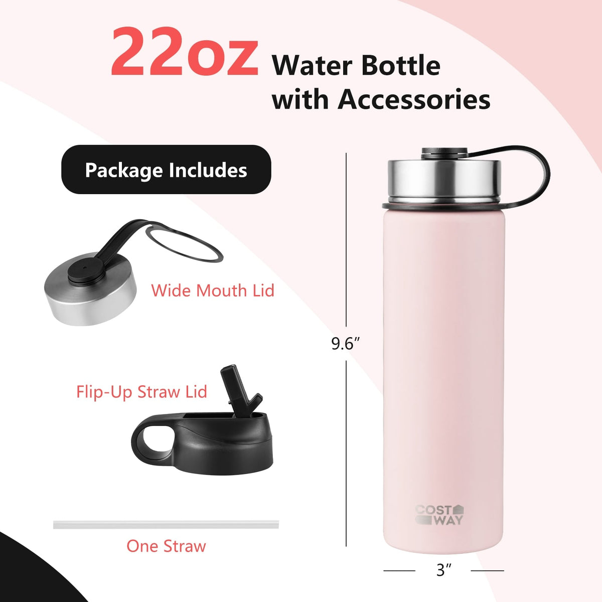 22 Oz Double-walled Insulated Stainless Steel Water Bottle with 2 Lids and Straw-Pink-Kitchen Utensils-DECOROLALA