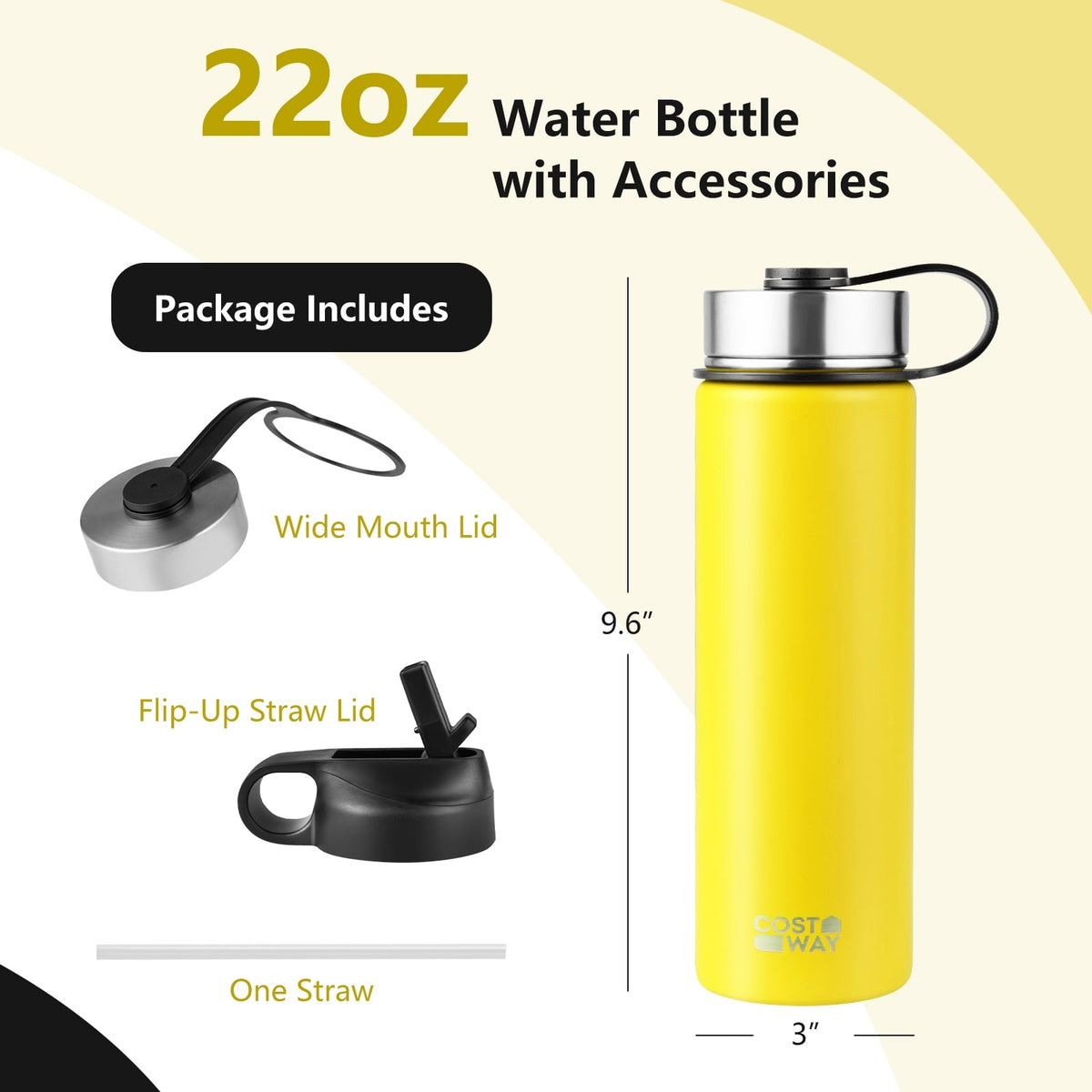22 Oz Double-walled Insulated Stainless Steel Water Bottle with 2 Lids and Straw-Yellow-Kitchen Utensils-DECOROLALA