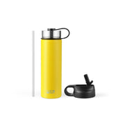 22 Oz Double-walled Insulated Stainless Steel Water Bottle with 2 Lids and Straw-Yellow-Kitchen Utensils-DECOROLALA