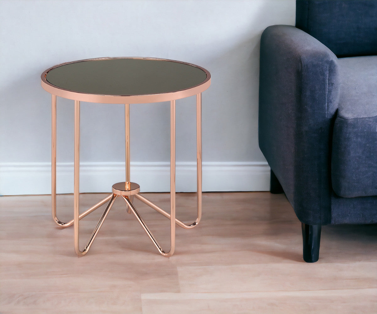 22" Rose Pink And Black Glass Round End Table-End-Side Tables-DECOROLALA