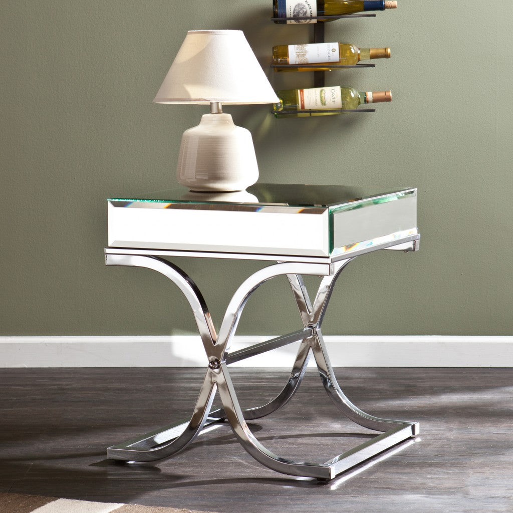 22" Silver And Clear Mirrored Glass Square End Table-End-Side Tables-DECOROLALA