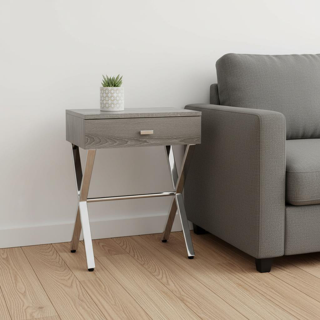 22" Silver And White Wood And Metal End Table With Drawer-End-Side Tables-DECOROLALA