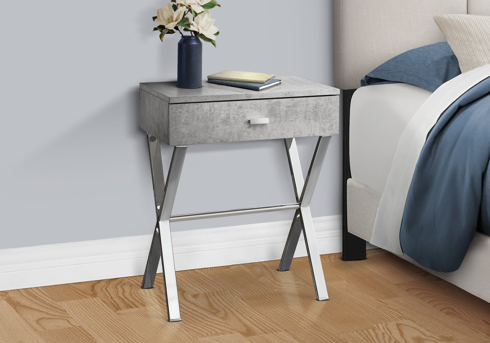22" Silver And White Wood And Metal End Table With Drawer-End-Side Tables-DECOROLALA