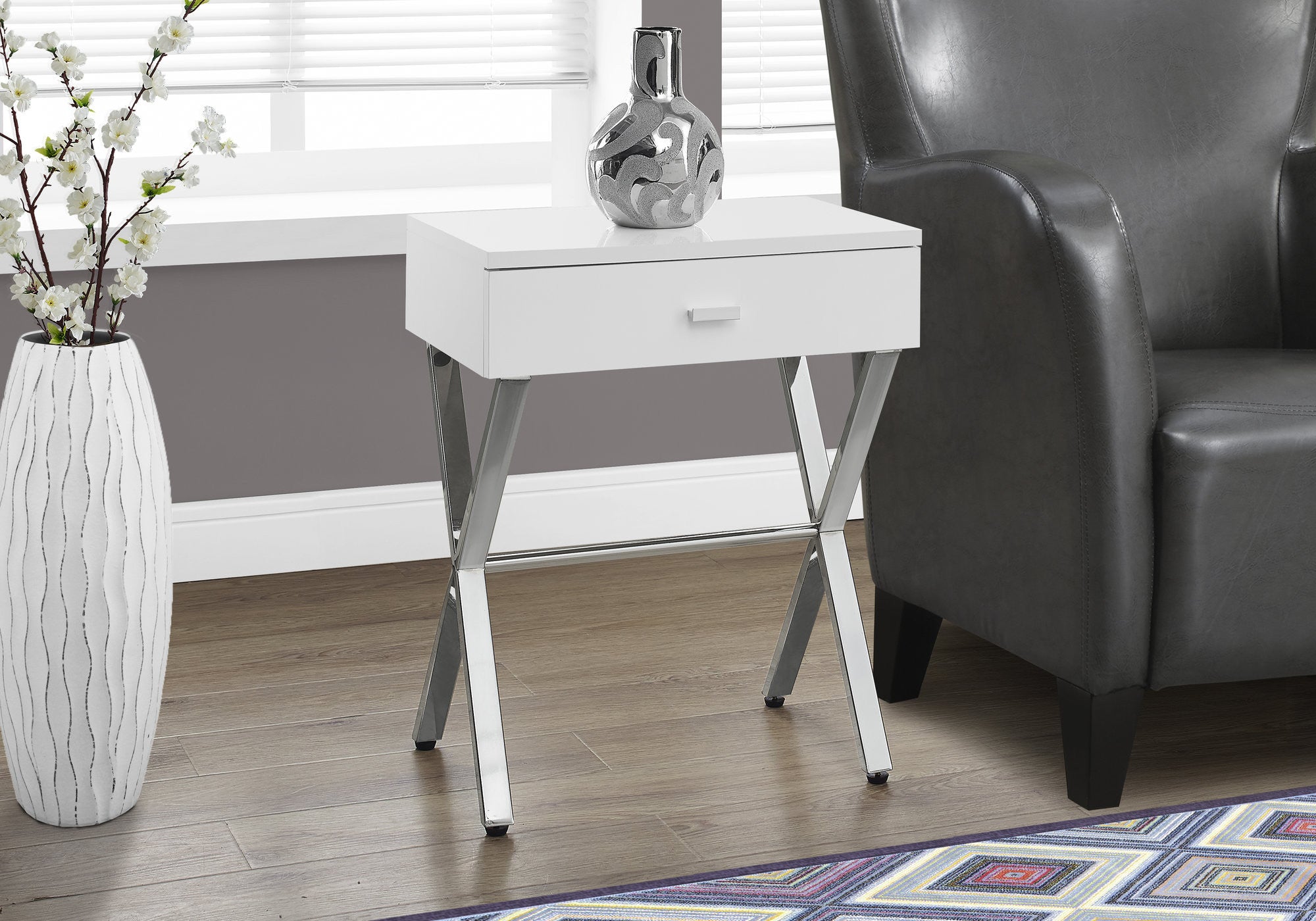 22" Silver And White Wood And Metal End Table With Drawer-End-Side Tables-DECOROLALA