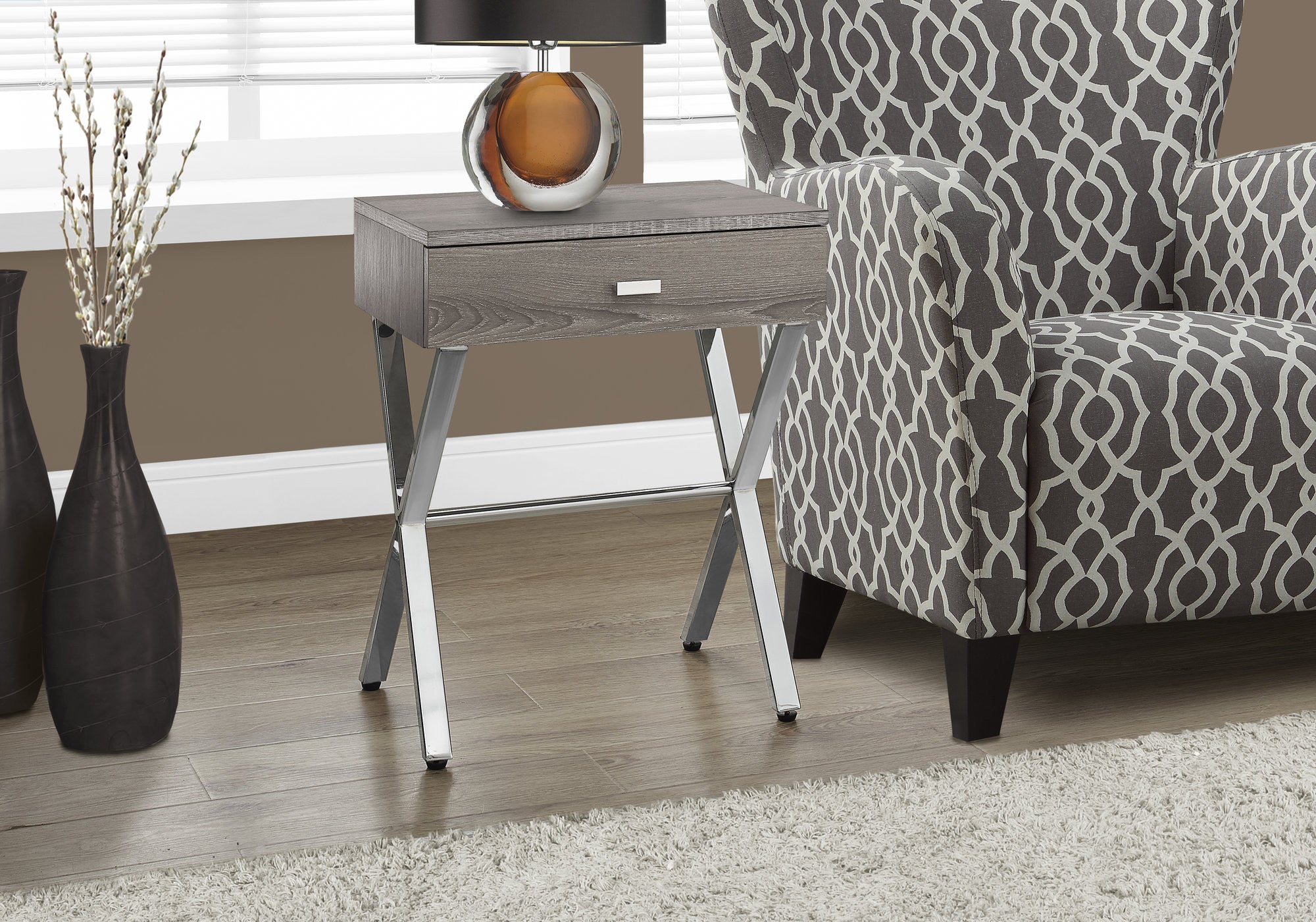 22" Silver And White Wood And Metal End Table With Drawer-End-Side Tables-DECOROLALA