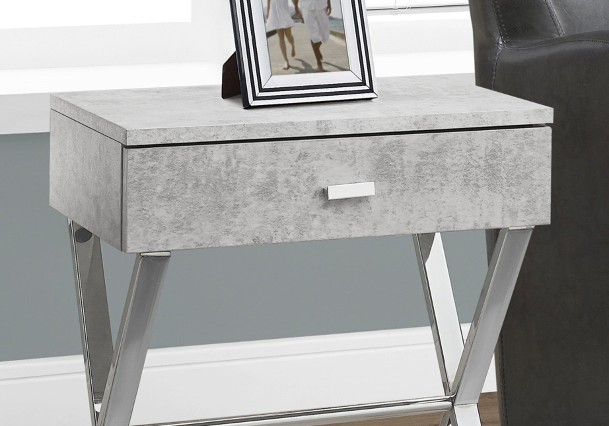 22" Silver And White Wood And Metal End Table With Drawer-End-Side Tables-DECOROLALA