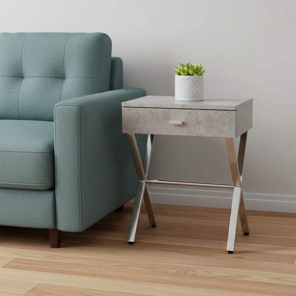 22" Silver And White Wood And Metal End Table With Drawer-End-Side Tables-DECOROLALA
