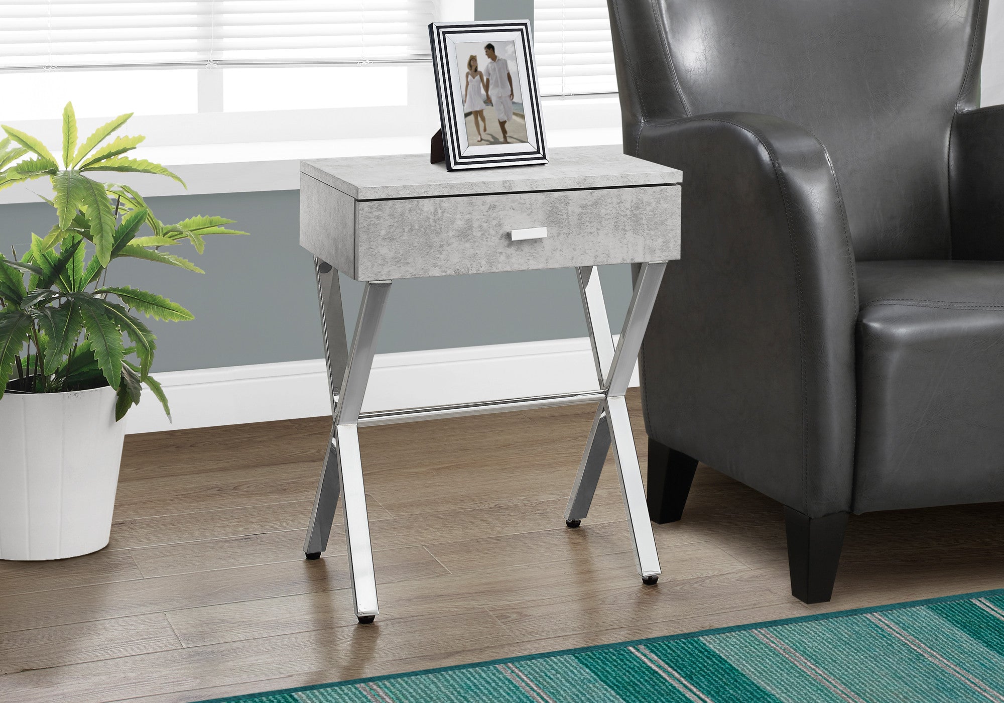 22" Silver And White Wood And Metal End Table With Drawer-End-Side Tables-DECOROLALA