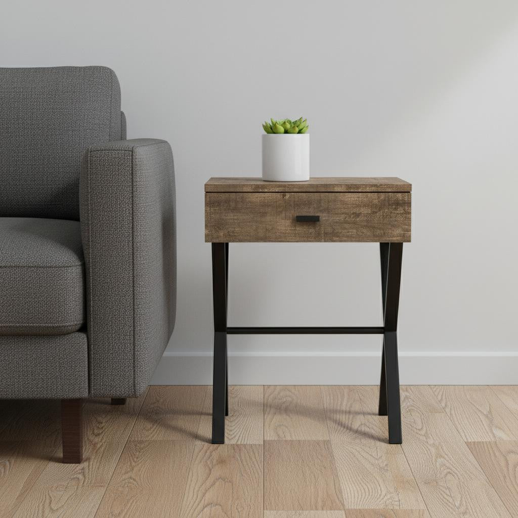 22" Silver And White Wood And Metal End Table With Drawer-End-Side Tables-DECOROLALA