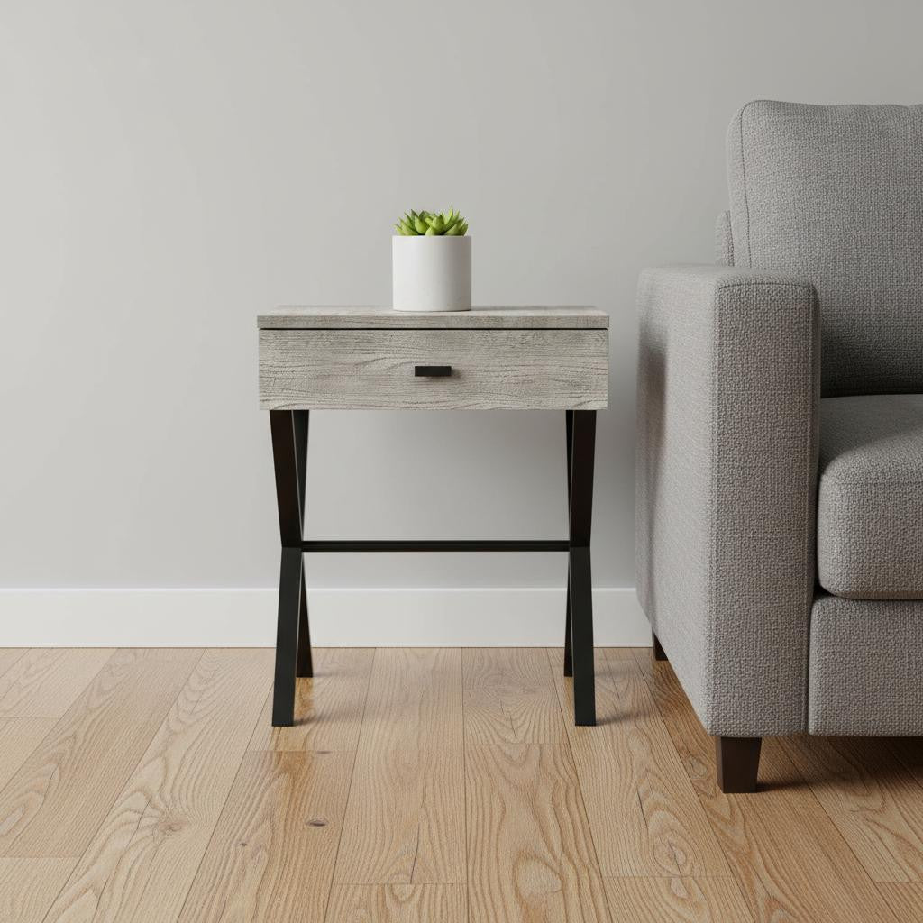 22" Silver And White Wood And Metal End Table With Drawer-End-Side Tables-DECOROLALA