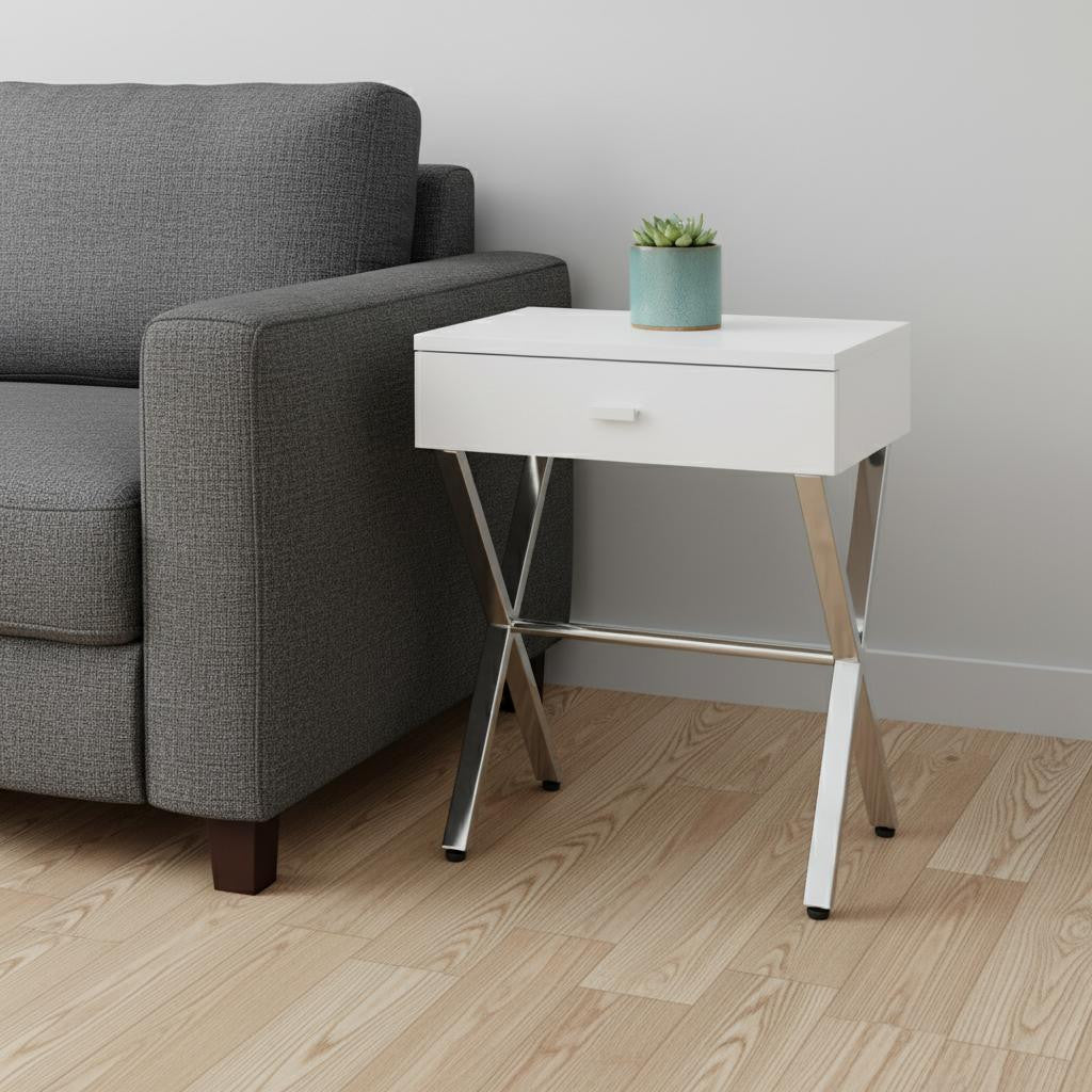 22" Silver And White Wood And Metal End Table With Drawer-End-Side Tables-DECOROLALA