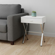 22" Silver And White Wood And Metal End Table With Drawer-End-Side Tables-DECOROLALA